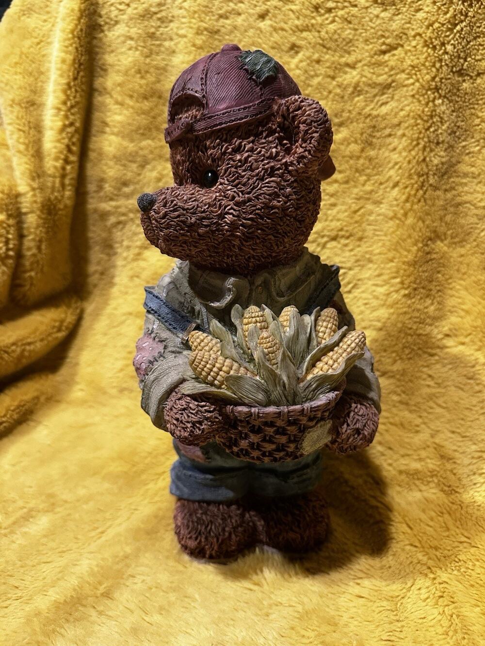 Vtg Large Farmer Teddy Bear Figurine Corns In Basket 10.5” Collectible Garden